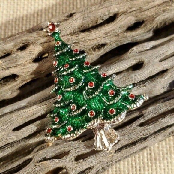 Red Green Silver Enamel and Rhinestone Christmas Holiday Tree Brooch Sweater Pin - Picture 4 of 6